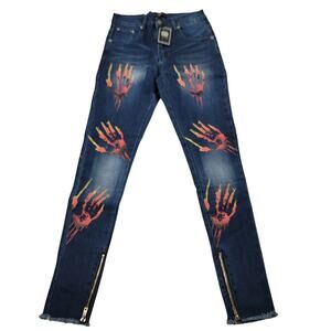 The Hideout Clothing Mens Jeans 30 Blue Flame Hand Print Slim Fit Zip Hem 822-23